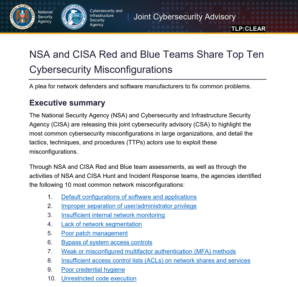 NSA и CISA публикуют рекомендации по десяти основным неправильным настройкам кибербезопасности
