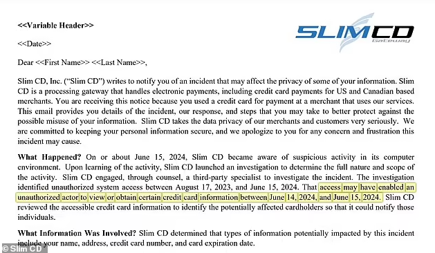 В ответ на инцидент Slim CD начала рассылать электронные письма потенциально пострадавшим лицам
